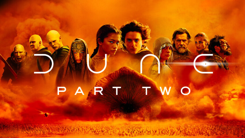 Dune: Part Two movie poster featuring Timothée Chalamet as Paul Atreides and Zendaya as Chani